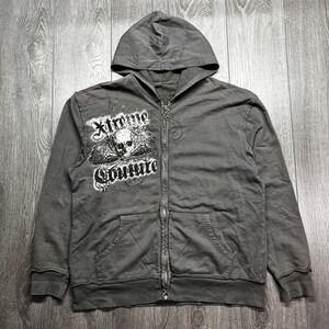 Xtreme Couture Affliction Mens Full Zip Hoodie Gray Skull Graphic MMA Y2K XL